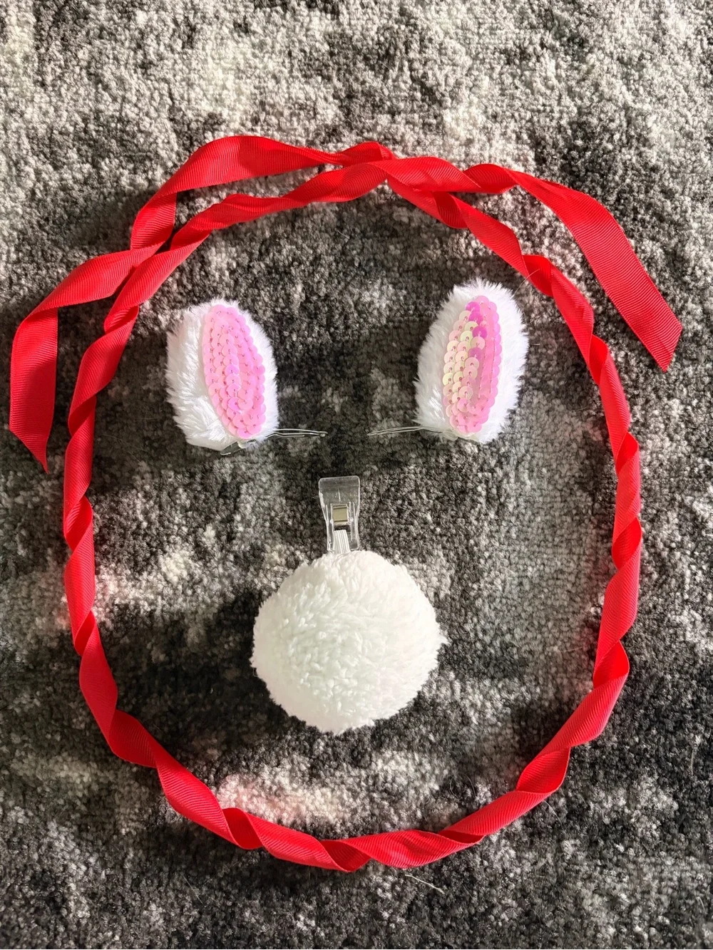 Cute Bunny Ear and Pom Clip Set with Red Ribbon